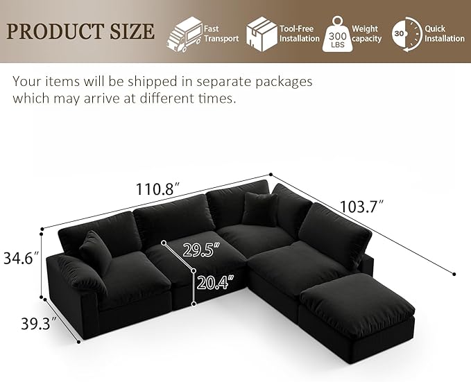 Forest aesthetics 143" Cloud Modular Sectional Sofa,Black Down Filled Sofa 4 Seat with Chaise,Minimalist Sofa Cover Washable and Replaceable Couches for Living Room,Sectional Sofa Deep Seat
