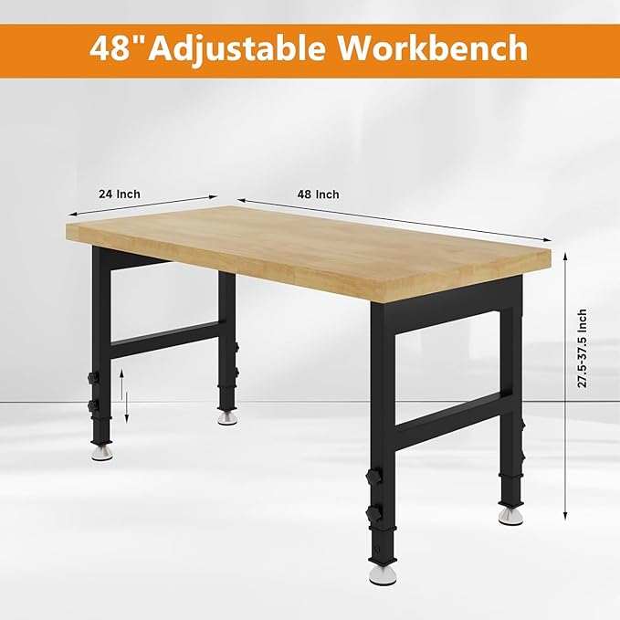 48" Heavy Duty Work Bench, Adjustable Height Workbench, 2000 LBS Load Capacity Work Table for Garage, Workshop, Office, Home