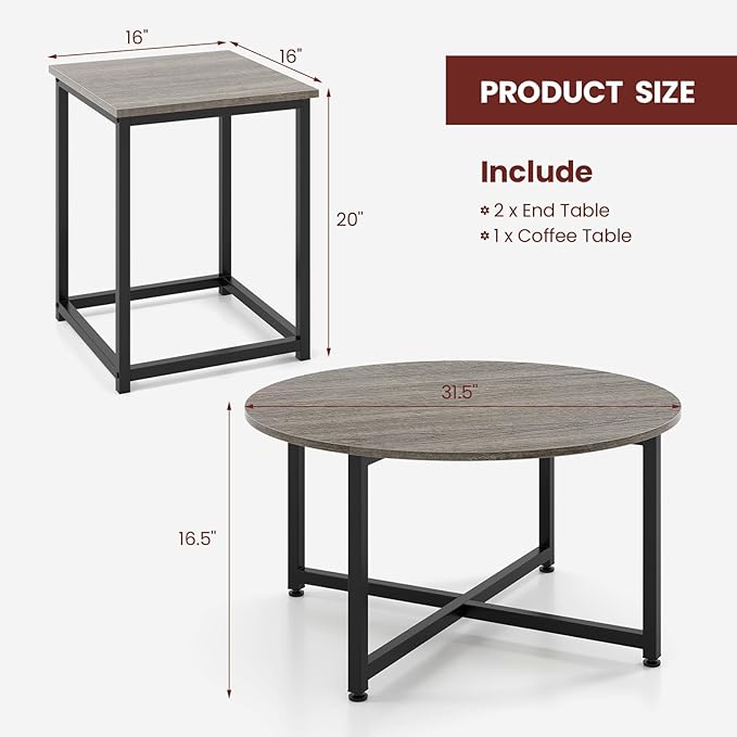 Giantex Round Nesting Table Set of 3, Farmhouse Coffee Table w/2 End Tables, Sturdy Metal Frame, 3-Piece Wooden Living Room Table Set for Home Office, Apartment (Black Oak)