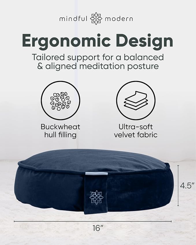 Mindful Modern Velvet Meditation Cushion | Luxe Zafu Yoga Floor Pillow Seat | Posture Support | Buckwheat Hull Filled | Large Round Cushion with Removable Washable Cover + Carry Handle
