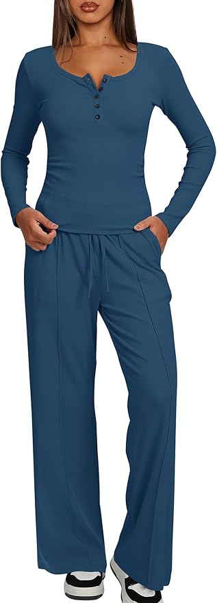 Darong Womens 2 Piece Matching Lounge Sets 2026 Long Sleeve Henley Shirts Wide Leg Pants Airport Travel Outfits