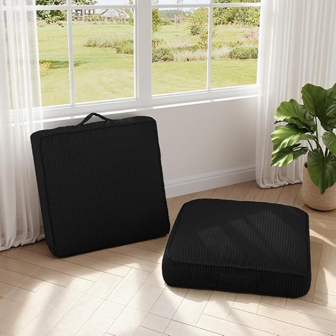 PRIMEPATIO Floor Pillow for Adults Set of 2, 4" Square Floor Cushions with Washable Cover, Large Corduroy Meditation Pillow, 22 inches Tatami Seat with Handle for Living Room or Yoga, Black