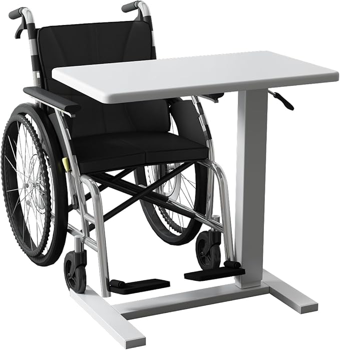 Overbed Bedside Table with Wheels Adjustable Hospital & Home Use Bed Table Rolling Movable Laptop Mobile Standing Desk Pneumatic Computer Cart Waterproof L-Shaped Steel Base Tray Tables,White