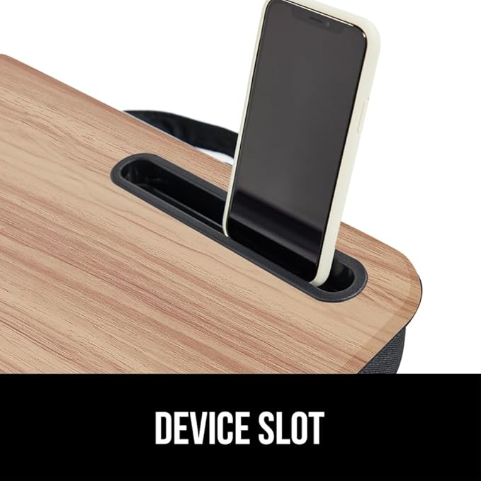 GORILLA GRIP Laptop Lap Desk with Phone Holder, Pillow Cushion Desks Fit Laptops up to 15.6", Gifts for Home, Portable Travel Workstation, Tray Ledge Keep Computers in Place, Light Wood Color
