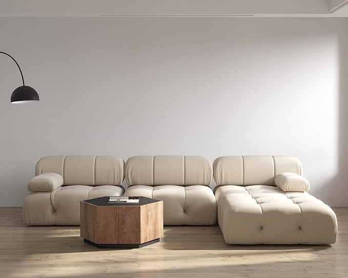 JACH L-Shaped Modular Sectional Couch, Modern Deep 3-Seat Couches with Chaise Ottoman, 104'' Minimalist Teddy Velvet Sectional Sofas, Convertible Sleeper Sofa for Living Room Apartment (Beige)