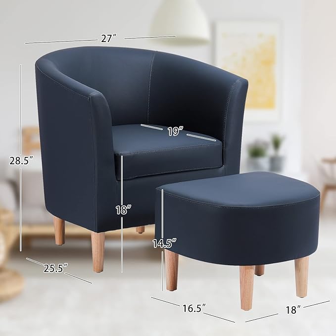 DAZONE Mid Century Modern Accent Chair Set of 2 Faux Leather with Ottoman - Comfy Armchair for Living Room, Bedroom & Reading Room - Navy Blue