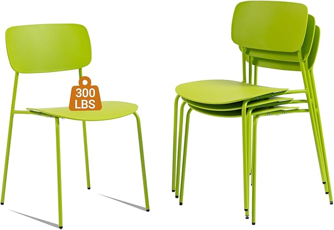 Sidanli Stackable Chairs Set of 4, Metal Dining Chairs with Plastic Seat, Capacity 300lbs, Stacking Chairs for Waiting Break Room Kitchen Party, Green