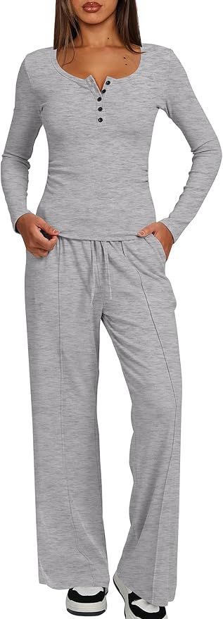 Darong Womens 2 Piece Matching Lounge Sets 2026 Long Sleeve Henley Shirts Wide Leg Pants Airport Travel Outfits