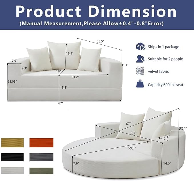 67" Round Convertible Folding Sofa Bed, Boneless Couch Loveseat, Floor Sleeper Chaise Lounge for Living Room, Apartment, Dorm, Small Spaces, Beige