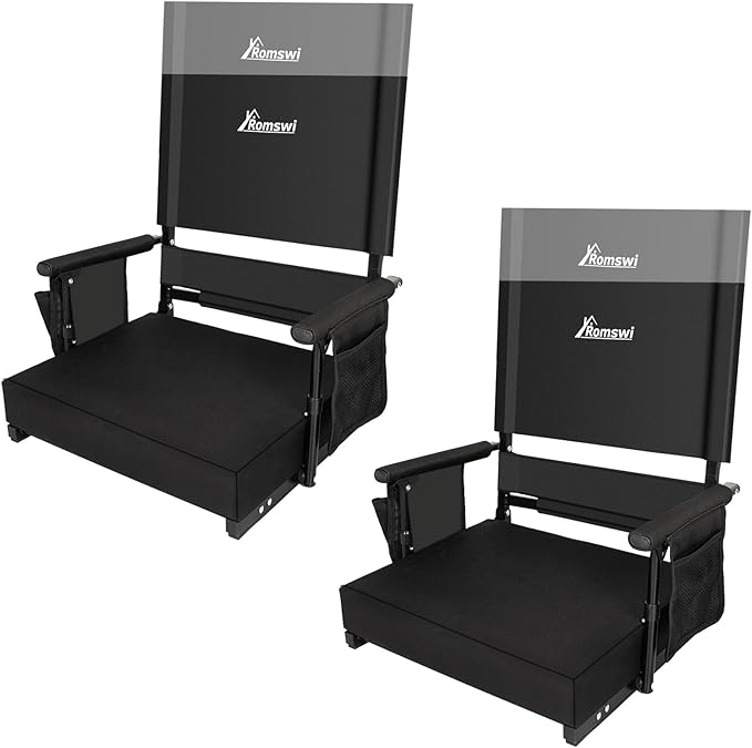 Romswi Stadium Seat with Height Adjustable High Back & Lumbar Support, 2-Pack Bleacher Chairs with 2 Height Adjustments, Armrests & Cup Holders, Comfortable & Portable, Black