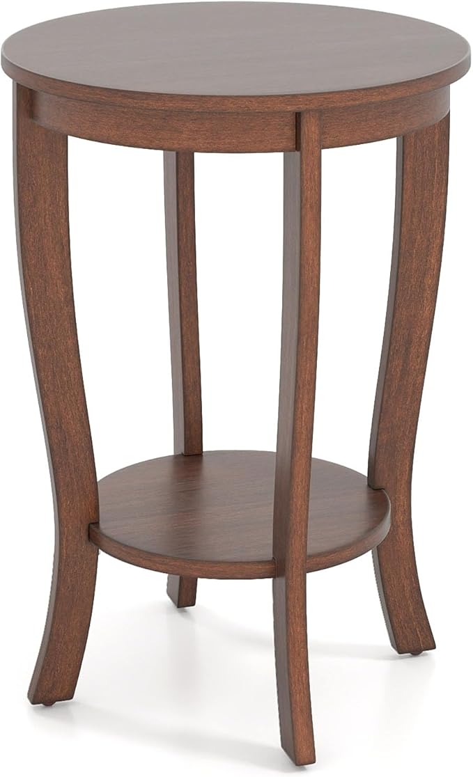 GOFLAME 2-Tier Round End Table, 18” Sofa Side Table with Storage Shelf, Floor Tea Table with Solid Wood Legs, Compact Nightstand for Small Space, Living Room, Bedroom, Walnut