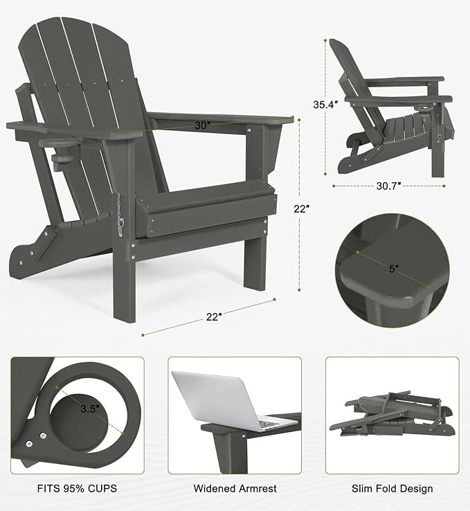 Folding Adirondack Chairs Set of 4 - Plastic Adirondack Chairs with Cup Holder, Weather Resistant for Outdoor, Patio, Lawn, Garden, Backyard Deck, Fire Pit - Dark Gray