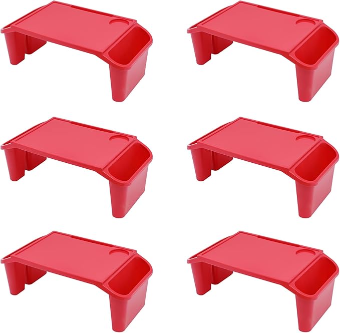 6 Pcs Kids Lap Desk Tray, Plastic Breakfast Lap Desk Trays with Storage Slots, Portable Stackable Lap Tray Tables for Writing Drawing Classroom, 19.69" L x 9.84" W x 7.1" H (Red)