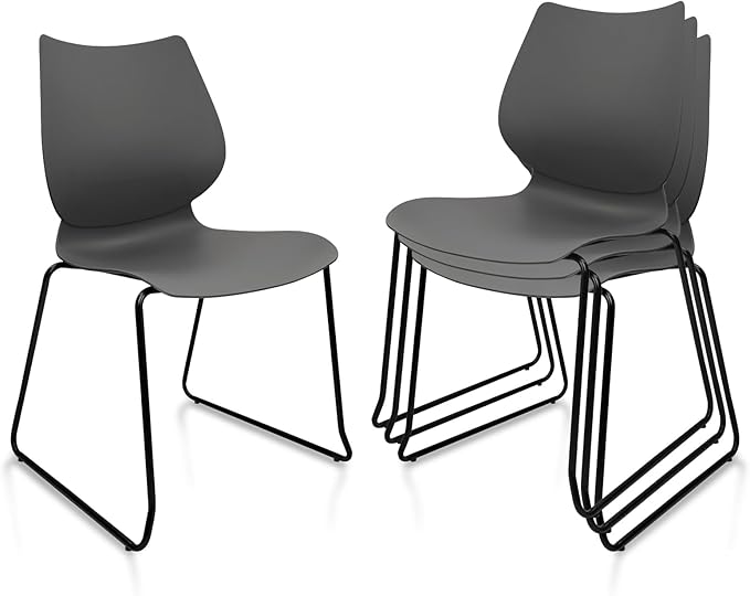 Stacking Waiting Room Chairs, Stacked Plastic Office Chair with Ergonomic Lumbar Support and Metal Legs for Conference School Church Guest Reception Set of 4, Grey