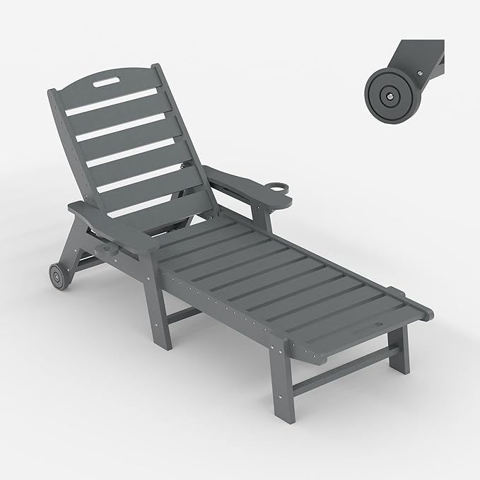 GarveeLife Outdoor HDPE Chaise Lounge with Rolling Wheels, Oversize HDPE 5-Position Pool Lounge Chairs, Pool Lounges Chairs