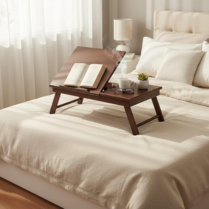Flip Top Lap Desk with Drawer, Foldable Legs, Tilting Surface for Reading, Solid Wood, Brown, Portable