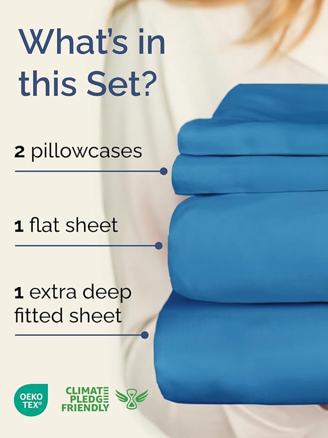 Extra Deep Pocket King Sheets - 4 Piece Breathable & Cooling Bed Sheets - Hotel Luxury Bed Sheet Set - Soft, Wrinkle Free & Comfy - Easily Fits Extra Deep Mattresses - Deep Pocket Denim Blue Sheets