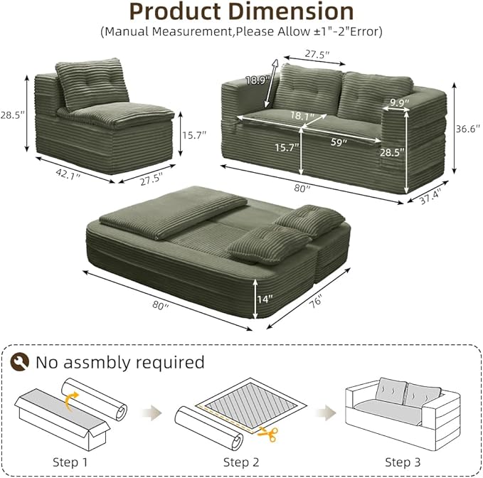 80" Foldable Floor Couch, 3-Seat Convertible Sleeper Sofa with Chaise Lounge, Blanket and 3 Soft Pillows, Corduroy Fabric, for Living Room, Bedroom, Apartment, No Assembly Required, Green