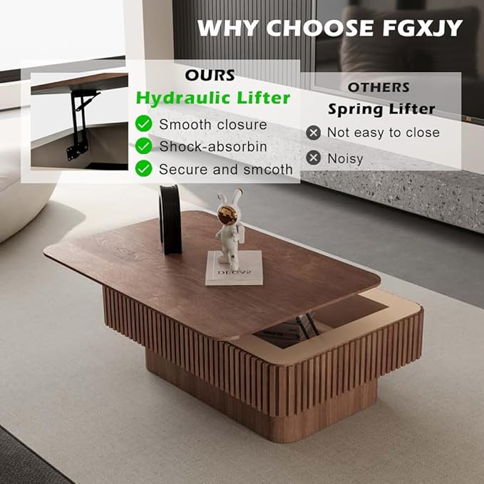 FGXJY Lift Coffee Table with Storage & Adjustable Height, Solid Wood Coffee Table Fluted Center Table Accent Tea Table or Living Room, Apartment, Office (38.6" Walnut)