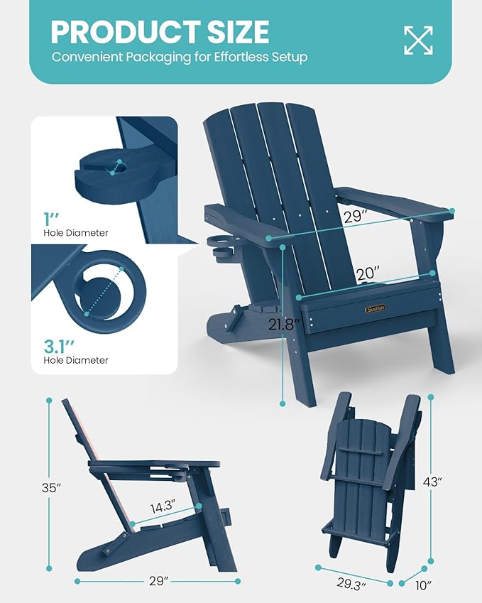 Folding Adirondack Chair 6 Pack, HDPE All-Weather Fire Pit Chairs, Plastic Adirondack Chairs with 2 Cup Holder, Outdoor Lawn Chair for Patio Garden (New Blue)