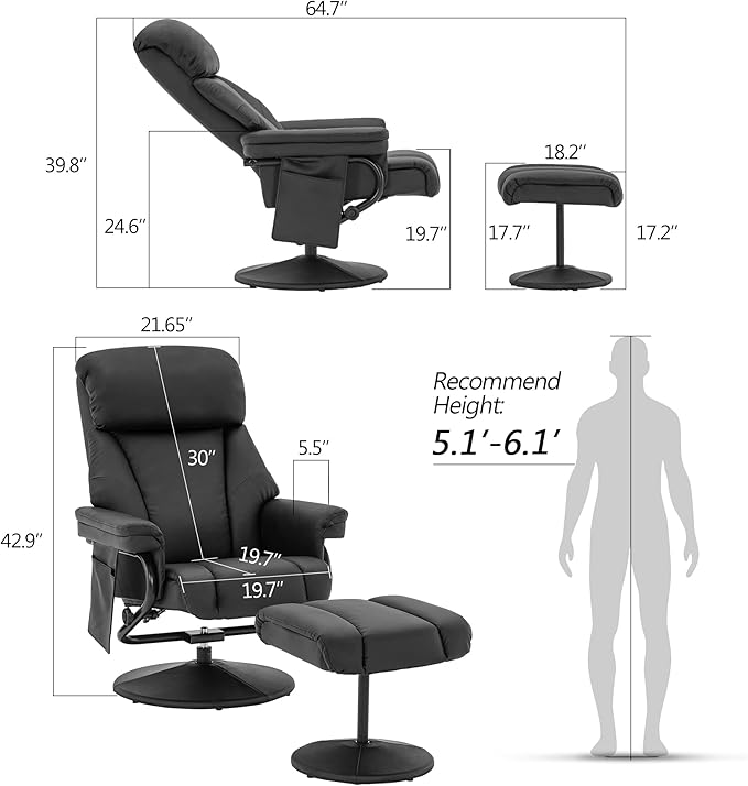 MCombo Swivel Recliner with Ottoman, TV Chair with Vibration Massage, Ideal for RV Small Space, Living Room & Bedroom 4539 4828 (Faux Leather, Black)