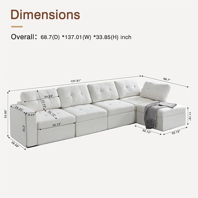 ORRD Corner Modular Sectional Couch, Convertible L Shaped Sofa with Storage, 5 Seater Sofa Modular with Ottomans and Reversible Chaise for Living Room, Office (Beige White)