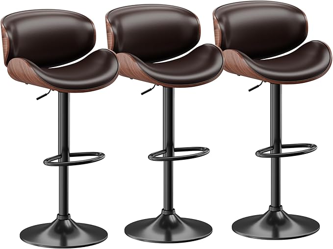 Aowos Bar Stools Set of 3, Adjustable Swivel Barstools Mid-Century Modern PU Leather Counter Height Bar Stool, Kitchen Island Barstools with Back (Brown)