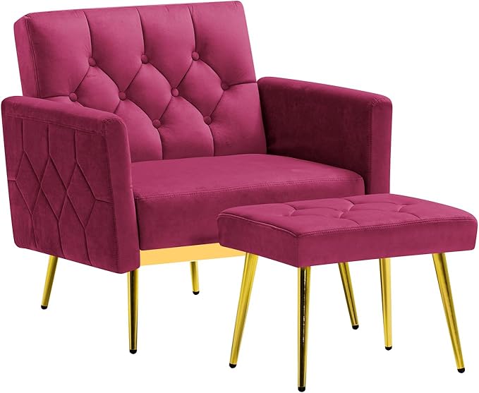ACMEASE Velvet Accent Chair w/Adjustable Armrests and Backrests, Tufted Single Sofa with Ottoman, Upholstered Reading Chiar for Living Room, Apartment, Bedroom, Fuchsia
