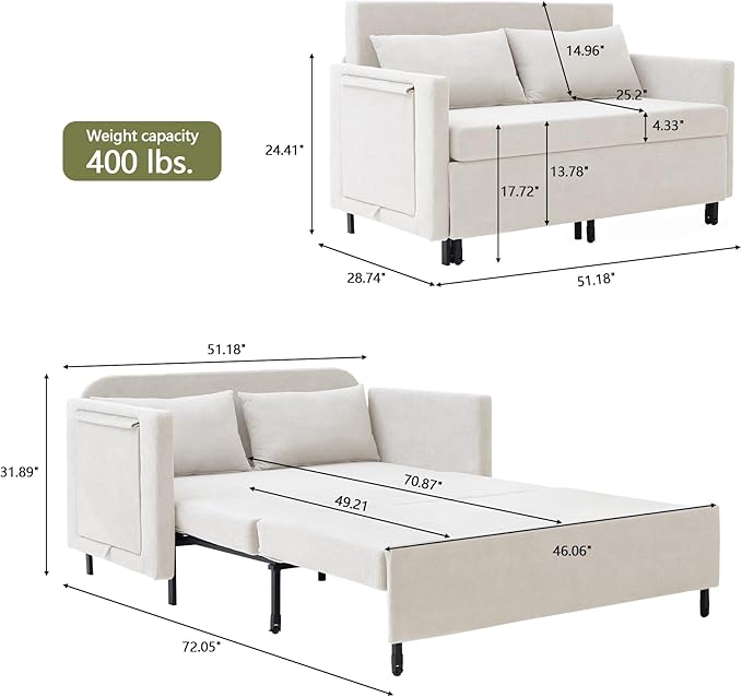 QHITTY Pull Out Couch Bed, 2-in-1 Sleeper Sofa Small Loveseat Bed with Hidden Side Table and Iron Frame for Living Room, Small Space, Apartment (White)