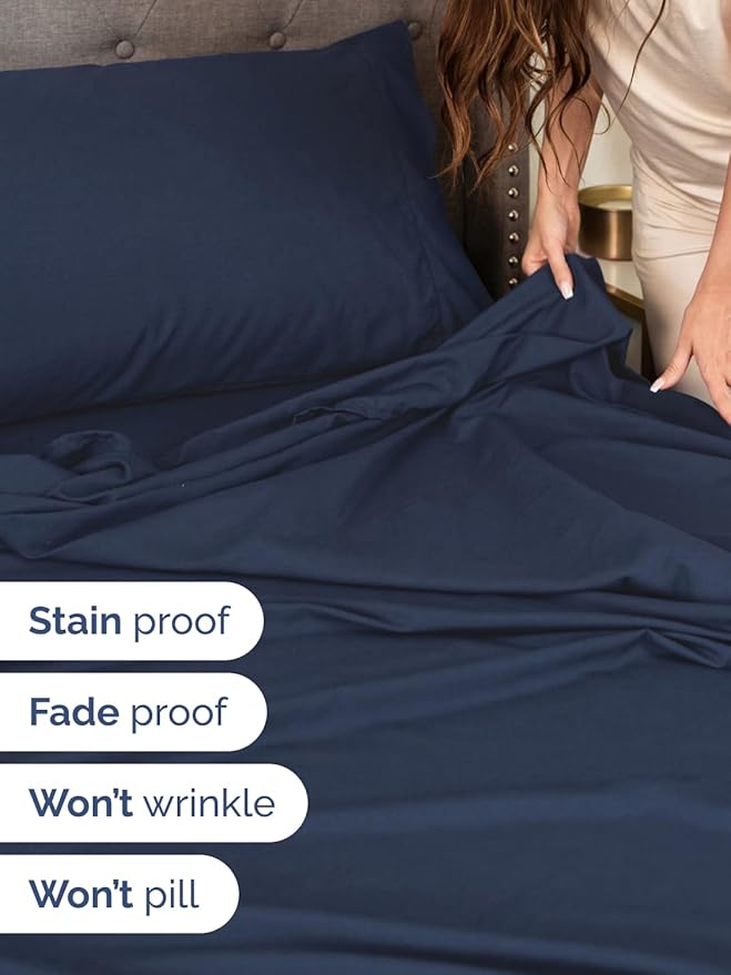 Extra Deep Pocket Split King Sheets - 5 Piece Breathable & Cooling Bed Sheets - Hotel Luxury Bed Sheet Set - Soft, Wrinkle Free & Comfy - Easily Fits Extra Deep Mattresses - Navy Blue Sheets Set