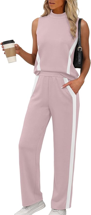 XIEERDUO Two Piece Sets for Women Summer Outfits Travel Mock Neck Lounge Sets Wide Leg Pants Beach Vacation Clothes