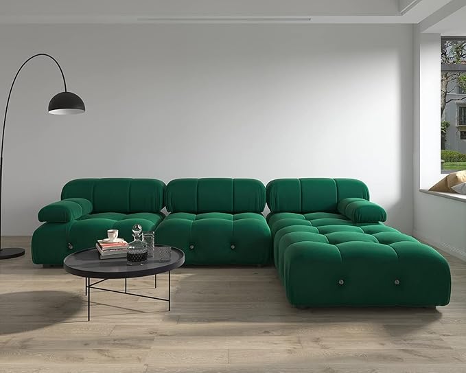 JACH 104" Modular Sofa Sectional Couch, L-Shaped Minimalist Velvet Couches, Mid-Century Comfy Couch with Reversible Chaise Ottoman for Living Room, Apartment (Green)
