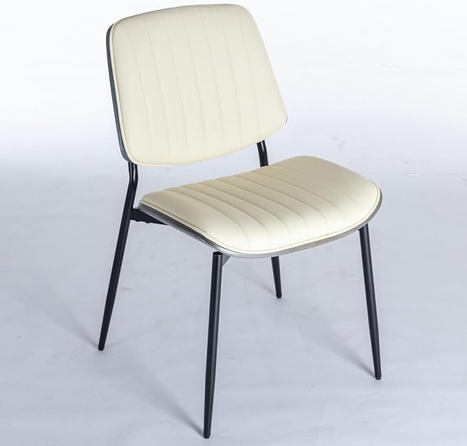 YaFiti Dining Chairs Set of 4, Mid Century Modern Accent Dining Room and Kitchen Chairs, Upholstered PU Leather Vertical Stripe Chairs for Vanity with Walnut Bentwood and Metal Legs, Beige