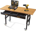 60in Heavy-Duty Adjustable Height Workbench with Wheels, 2700LB Capacity Mobile Work Table with Wood Drawers, Solid Bamboo Desktop & Built-in Power Strip for Garage Workshop