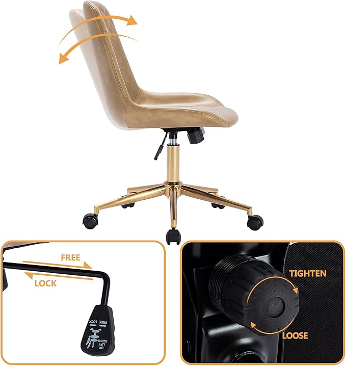 DUHOME Modern PU Leather Office Chair Desk Chair Swivel Computer Chair with Gold Base Camel