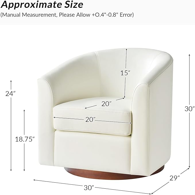 HULALA HOME Faux Leather Swivel Accent Chairs Set of 2 with Solid Wood Base, Round Swivel Barrel Chairs for Living Room and Bedroom, White