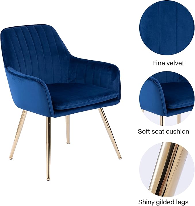 Purgreen Velvet Dining Chair Set of 6 - Modern Mid-Back Accent Chair with Gold Plating Legs - Comfy Upholstered Chair for Living Room,Restaurant,Kitchen & Reception Room (Velvet Blue, Set of 6)