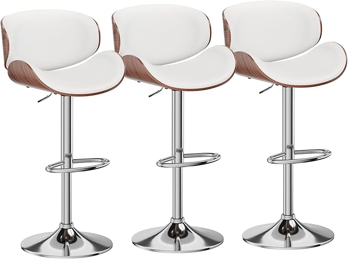 Aowos Bar Stools Set of 3, Adjustable Swivel Barstools Mid-Century Modern PU Leather Counter Height Bar Stool, Kitchen Island Barstools with Back (White)