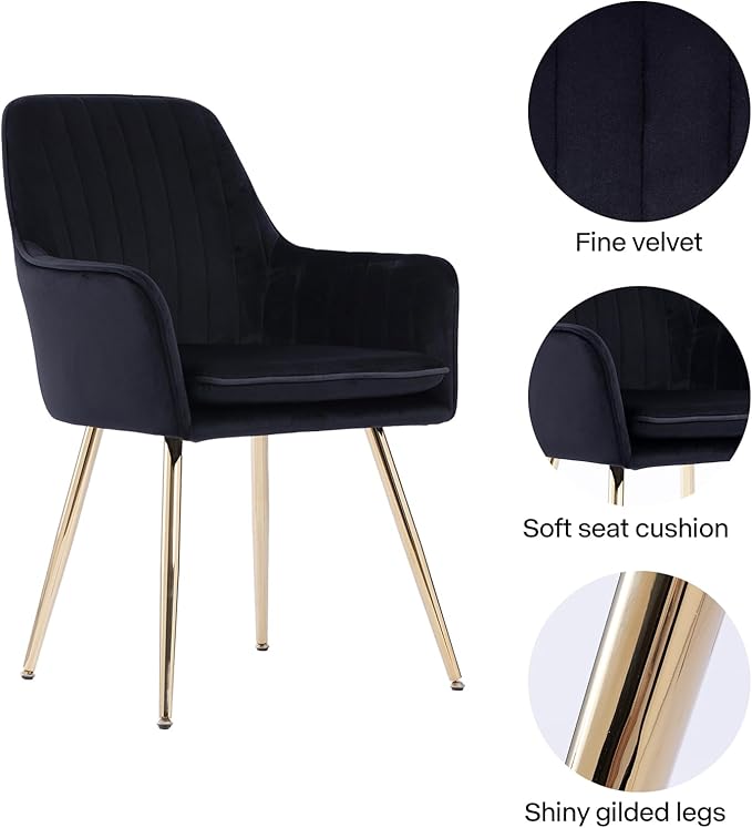 Purgreen Velvet Dining Chair Set of 6 - Modern Mid-Back Accent Chair with Gold Plating Legs - Comfy Upholstered Chair for Living Room，Restaurant & Reception Room (Velvet Black, Set of 6)