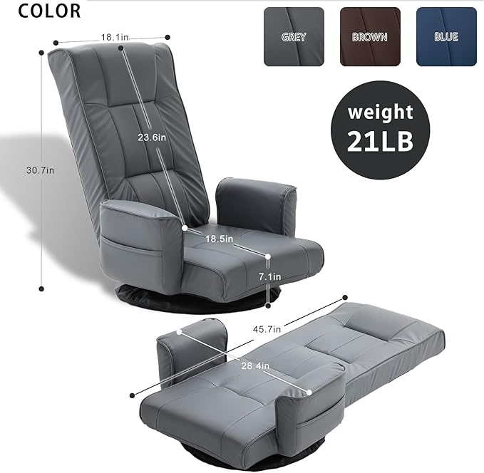 FLOGUOR 360° Swivel Gaming Floor Chair with Armrests – 14-Position Adjustable Folding Floor Sofa Lounger, Padded Backrest, Multi-Angle Recline for Home, Living Room & Office (Grey)