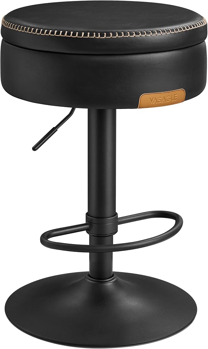 VASAGLE EKHO Collection - 360° Swivel Bar Stool, Height Adjustable Barstool with Storage, Synthetic Leather with Stitching, Mid-Century Modern, Kitchen Bar, Easy Assembly, Ink Black