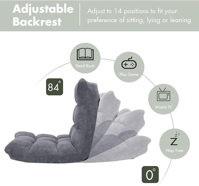 S AFSTAR Cushioned Floor Chair, 14-Position Adjustable Padded Lazy Recliner with Comfortable Back Support and Skin-Friendly Cover, Great for Reading, Playing Game, Meditating (Elegant Gray)