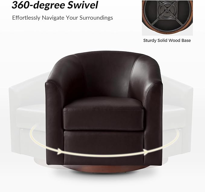 HULALA HOME Faux Leather Swivel Accent Chairs Set of 2 with Solid Wood Base, Round Swivel Barrel Chairs for Living Room and Bedroom, Brown