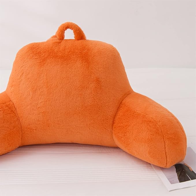 A Nice Night Faux Fur Reading Pillow Bed Wedge Large Adult Children Backrest with Arms Back Support for Sitting Up in Bed/Couch for Bedrest, Orange
