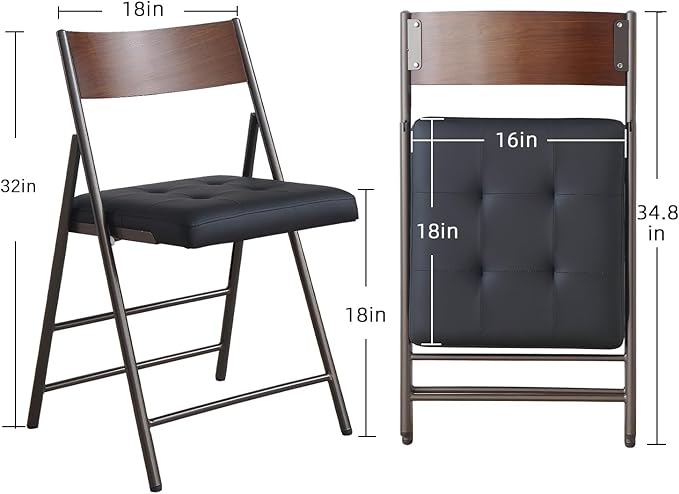 2 Pack Folding Chairs with Thick Padded Seat,Heavy Duty Steel Frame Foldable Dining Chairs with Soft Cushion Set of 2,Portable Indoor Outdoor for Home Kitchen,Office,Events,Wedding(Black)