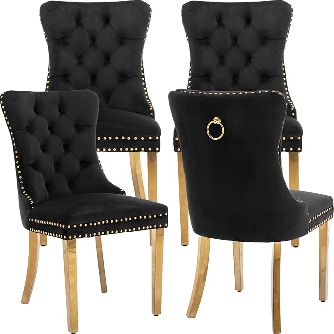 YeahFurn Mid Century Modern Dining Chairs Set of 4, Black Velvet Upholstered Tufted Back, Kitchen & Dining Room Chairs, Gold Metal Legs, Nailhead Trim, Sillas para Comedor (Black, 4 Pcs)