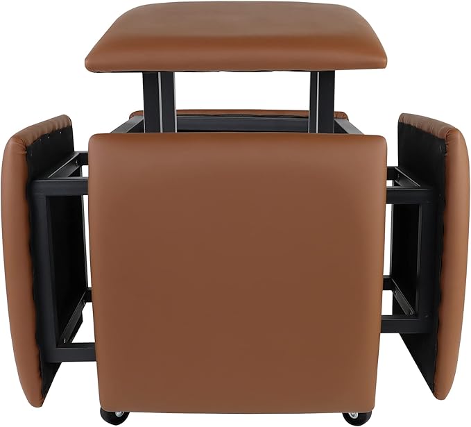 5 in 1 Nesting Ottoman Cube Chair, Stackable Stools, Leather Square Ottoman Bench, Foot Stool with Wheels for Living Room,Dining Room 15.75x15.75x16.54 inches