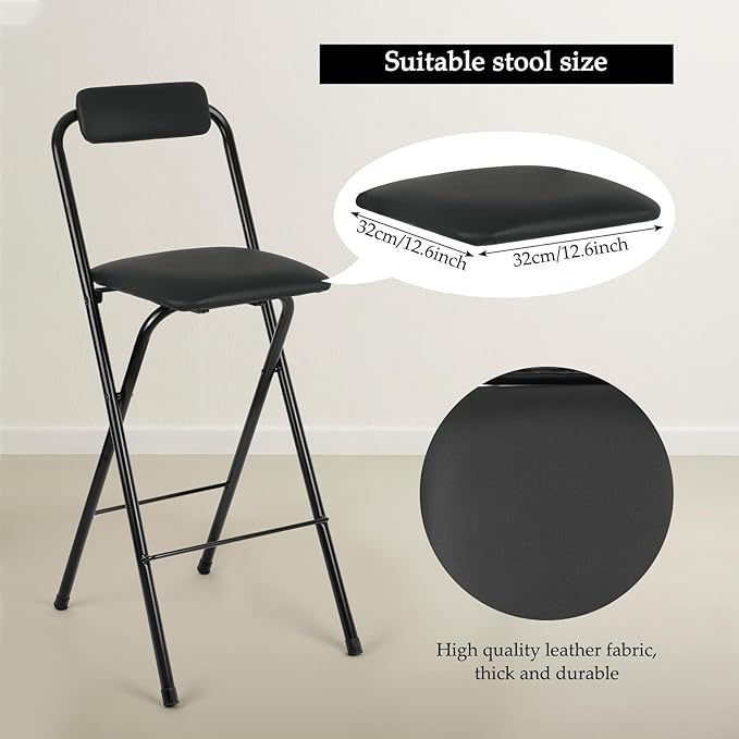 Thyle 1 Pcs Folding Bar Stool with Backrest, Tall Foldable Stool Chair Portable High Folding Bar Chair Counter Height Seat Leather Padded for Kitchen Island Shop Cafe Dining Room Black (27.5 Inch)