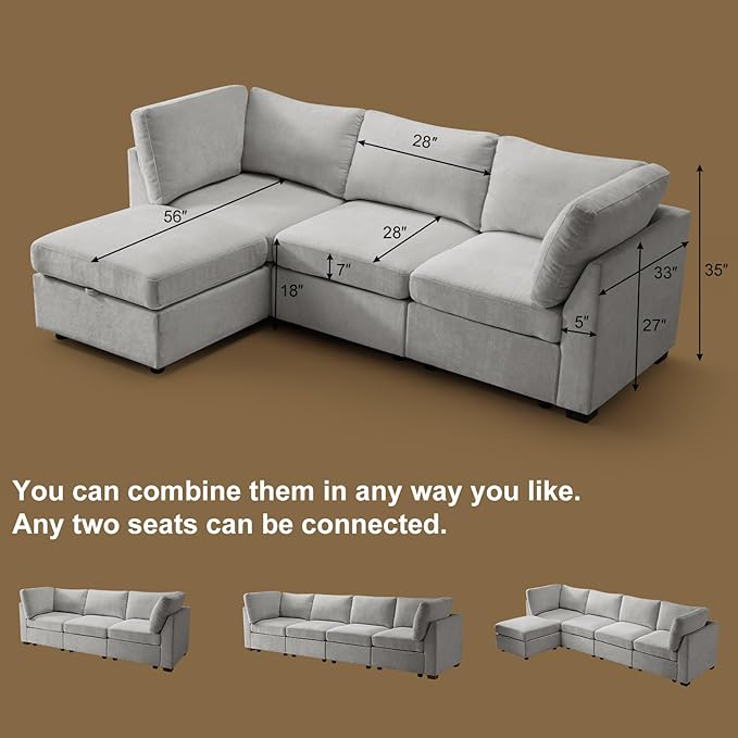 EDILLY 94 inches Oversized Modular Sectional Fabric Cloud Sofa Set, Extra Large L Shaped Couch Reversible Chaise Couch,3 Seat Modular Sofa with Storage Ottoman, Light Grey