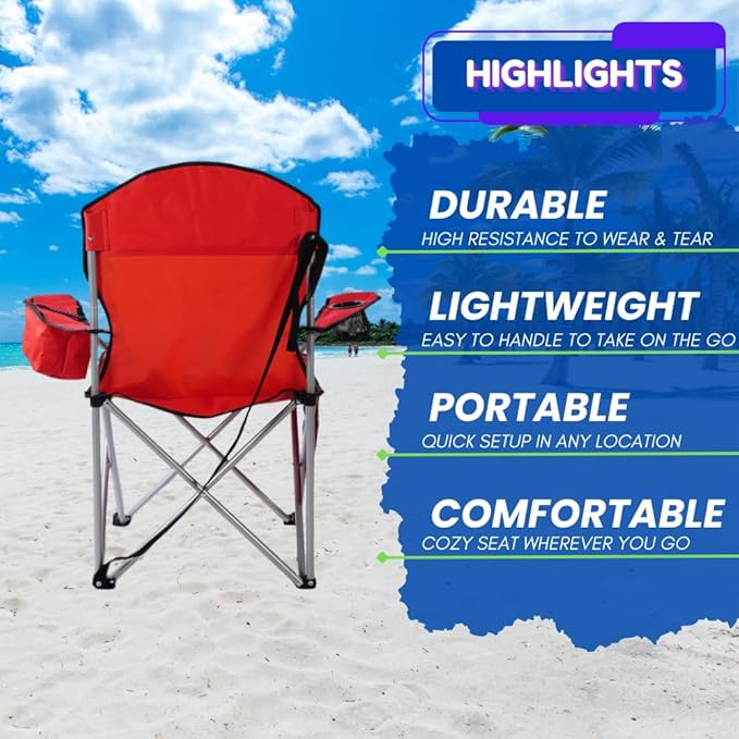 EZONE 2-Pack Camping Chairs with Built-in Ice Cooler, Portable Chair, Storage Pocket, Cup Holder, and Carry Bag Perfect for Camping, Tailgating, Fishing, Beach, and Lawn (2, Red)